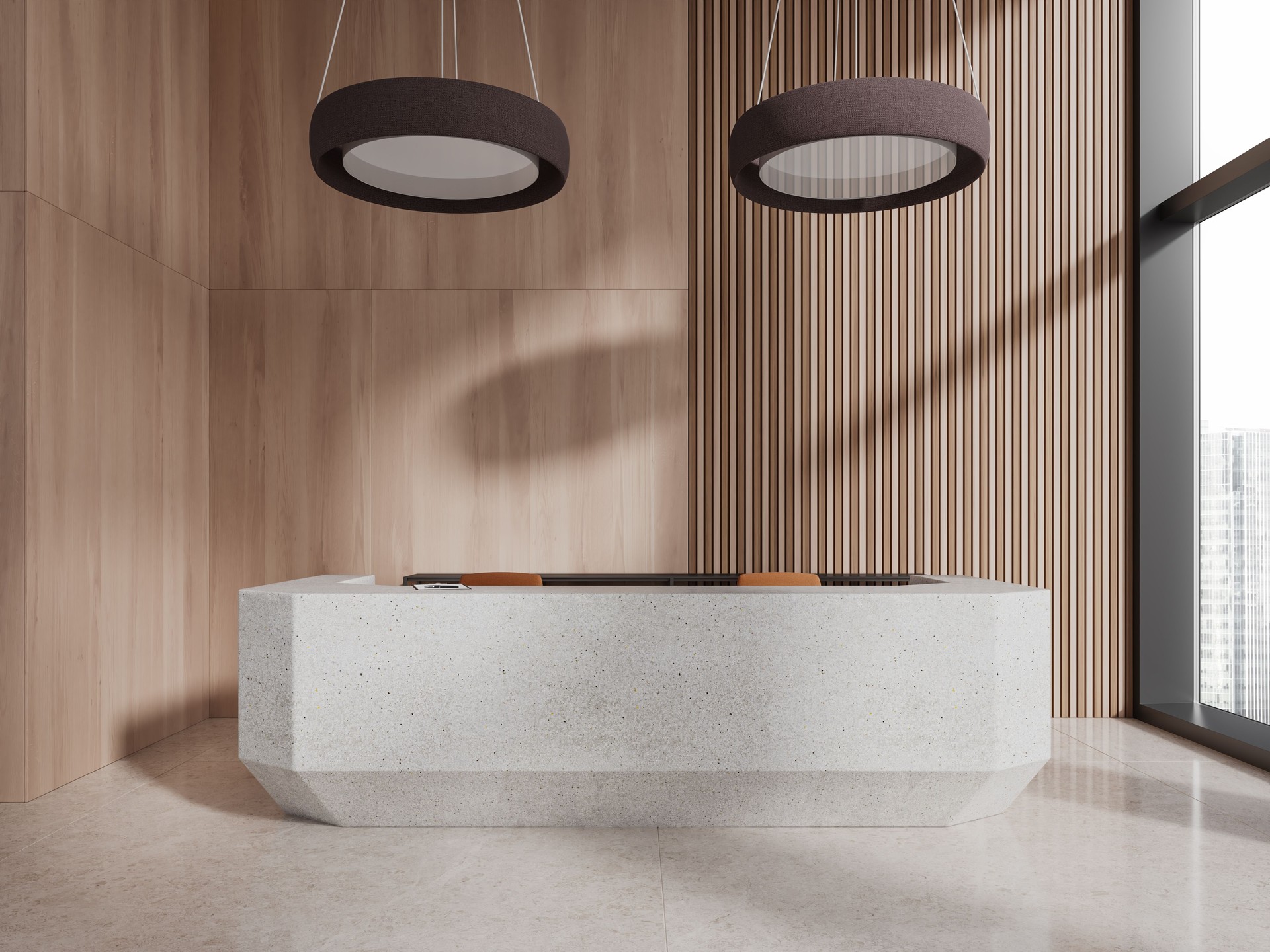 Light wooden office waiting room with reception